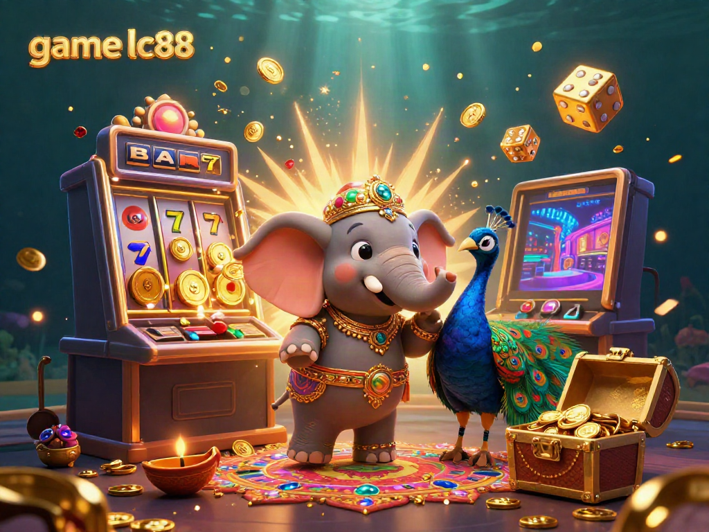 Experience the thrill of game lc88 with an exciting scene featuring a colorful cartoon elephant, jackpot elements, and vibrant casino game effects.