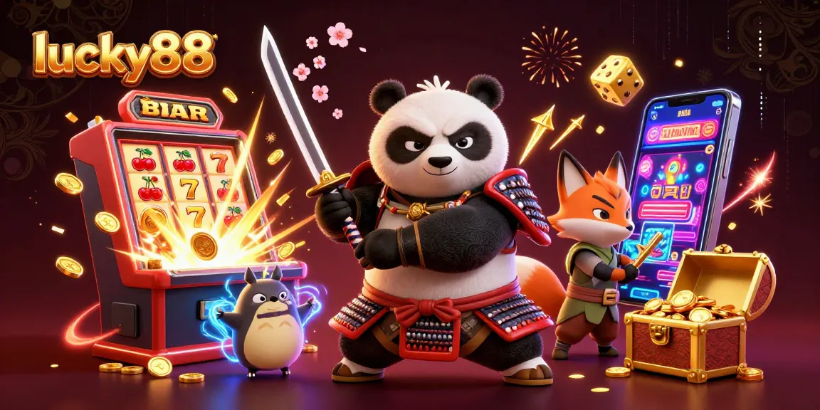 Spin to win with lucky88 featuring dynamic samurai, fox, and tanuki amidst a jackpot explosion.