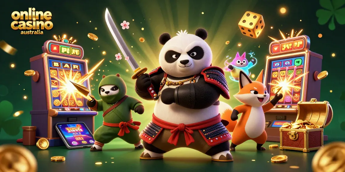 Experience the excitement of an online casino Australia with a captivating scene featuring samurai panda and ninja fox.