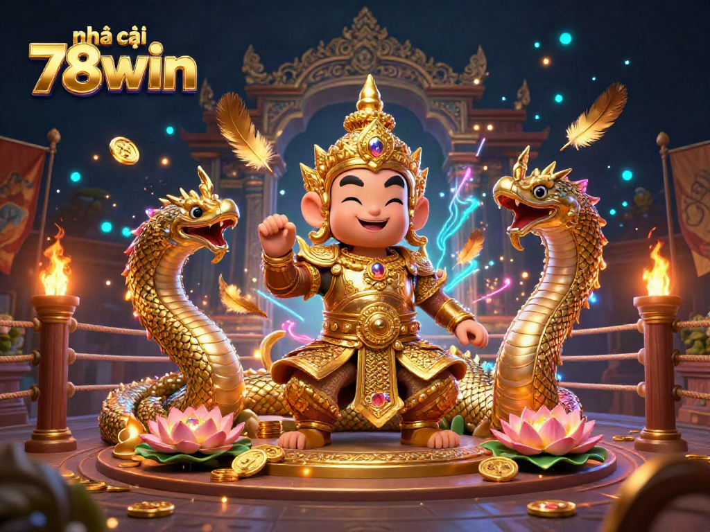 Experience the vibrant action at nhà cái 78win with a dynamic scene featuring a friendly Thai guardian and Naga companions amidst gold coins.