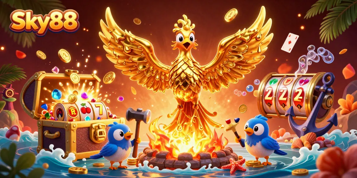Experience thrilling wins at Sky88 with a molten phoenix and spinning slot reels in a rich casino illustration.