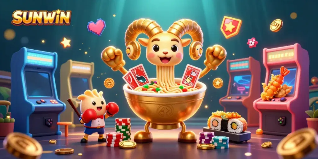 SUNWIN captures an exciting casino vibe with a golden ramen bowl dealer surrounded by animated game elements.