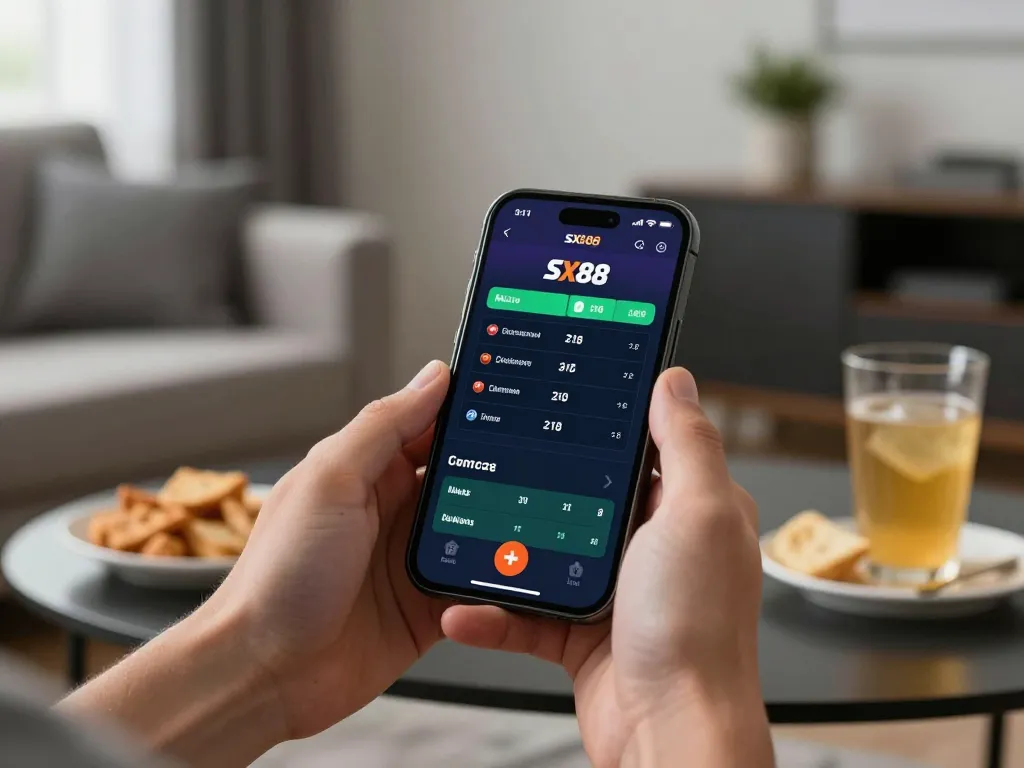 SX88 user actively placing sports bets on a mobile device in a cozy home setting.