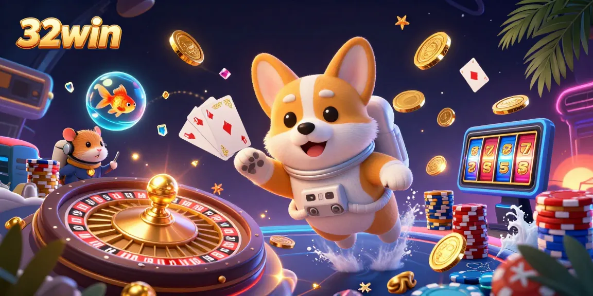 Experience the vibrant gaming world of 32win, featuring floating casino elements and cartoon characters.