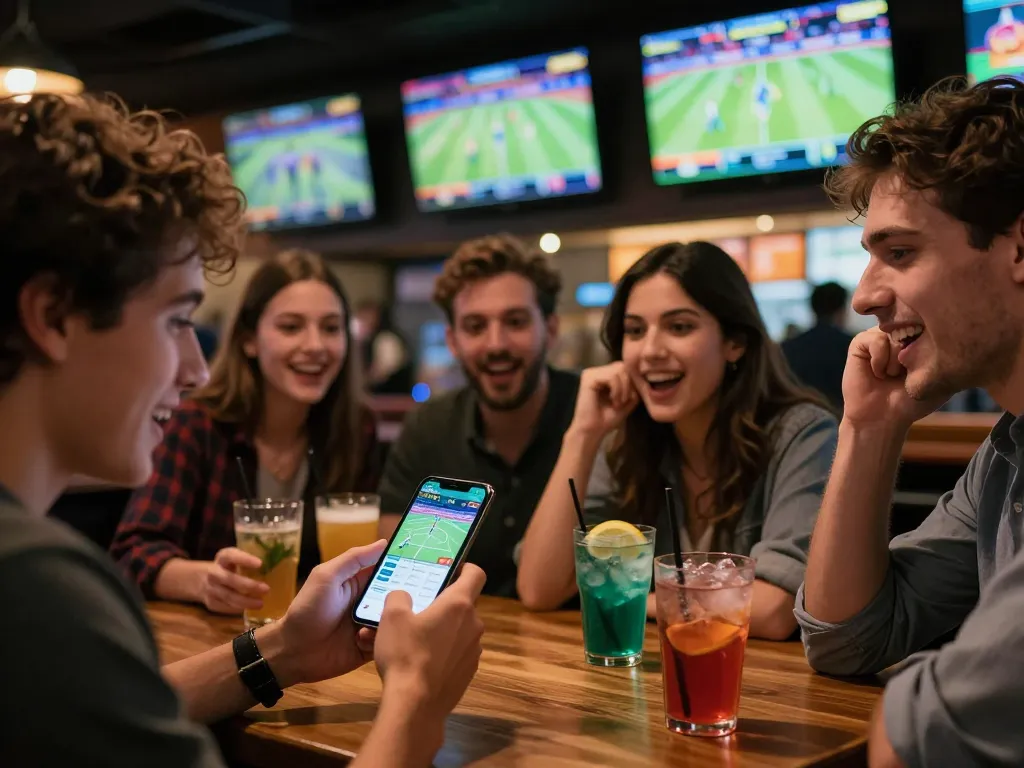 Engaging in sports betting with lode88vi mobile app at a lively bar, friends analyzing games.