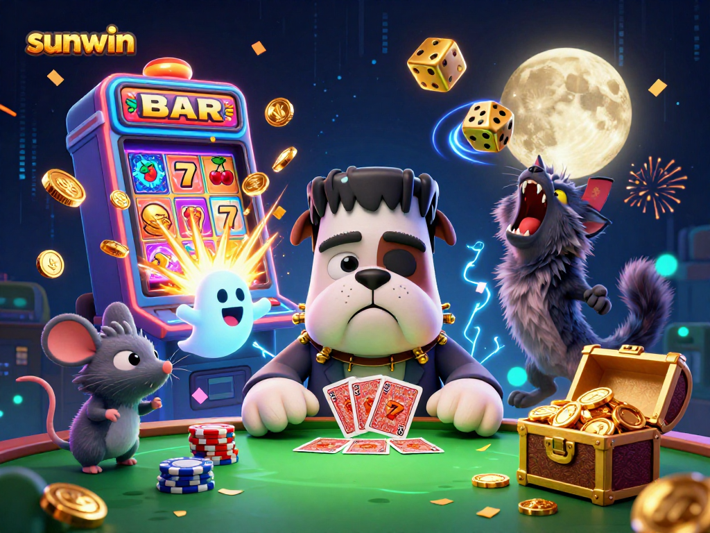 Experience the excitement of sunwin under a spooky casino scene featuring a bulldog dealer and jackpot fireworks.