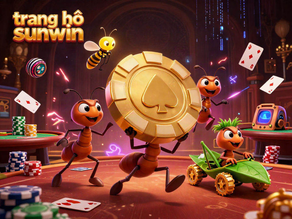 Engage with the dynamic world of trang chủ sunwin showcasing ants carrying a giant poker chip amidst floating casino elements.