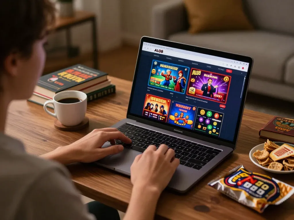 Player using ALO8 online platform on laptop for an engaging casino experience at home.