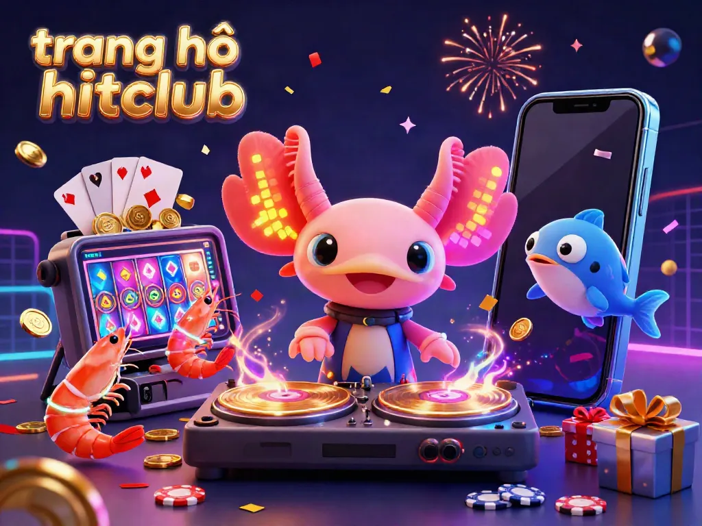 Experience the colorful energy of trang chủ hitclub with a vibrant casino-themed illustration featuring an axolotl DJ and gaming elements.