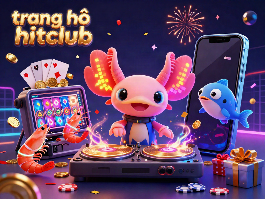 Experience the colorful energy of trang chủ hitclub with a vibrant casino-themed illustration featuring an axolotl DJ and gaming elements.