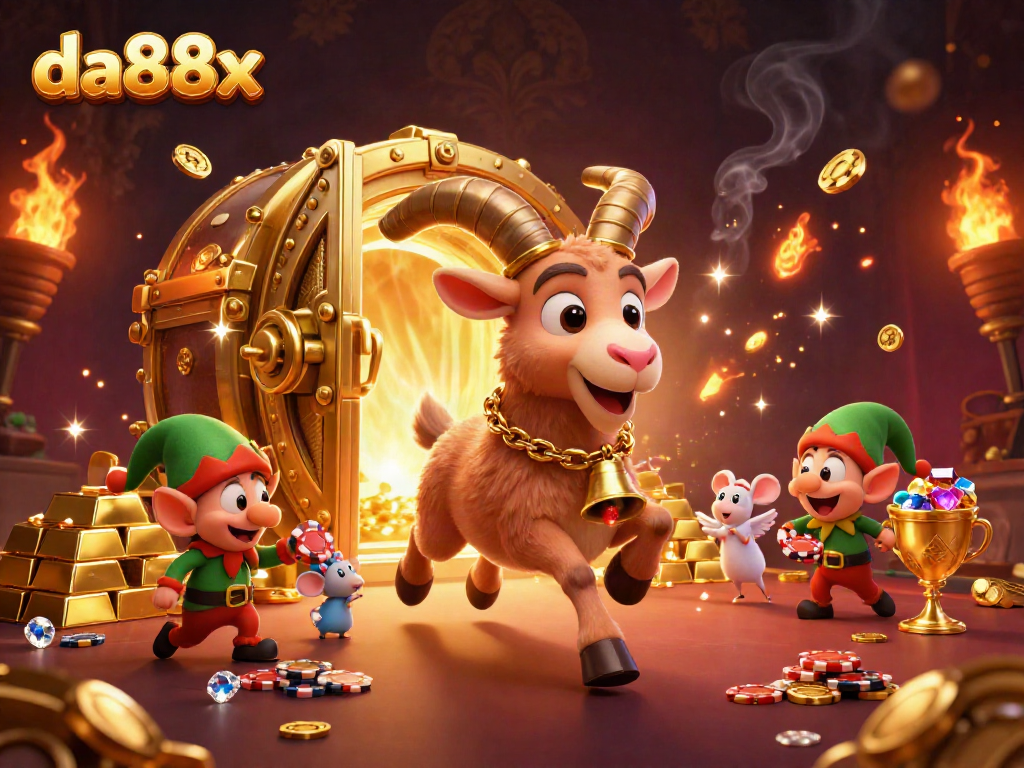 Experience the dynamic casino environment of da88x with cartoon Krampus and elves in action.