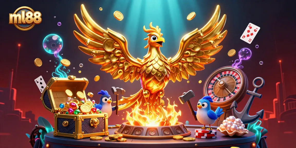 Engage with ml88's thrilling online gambling scene featuring a molten phoenix and vibrant gaming elements.
