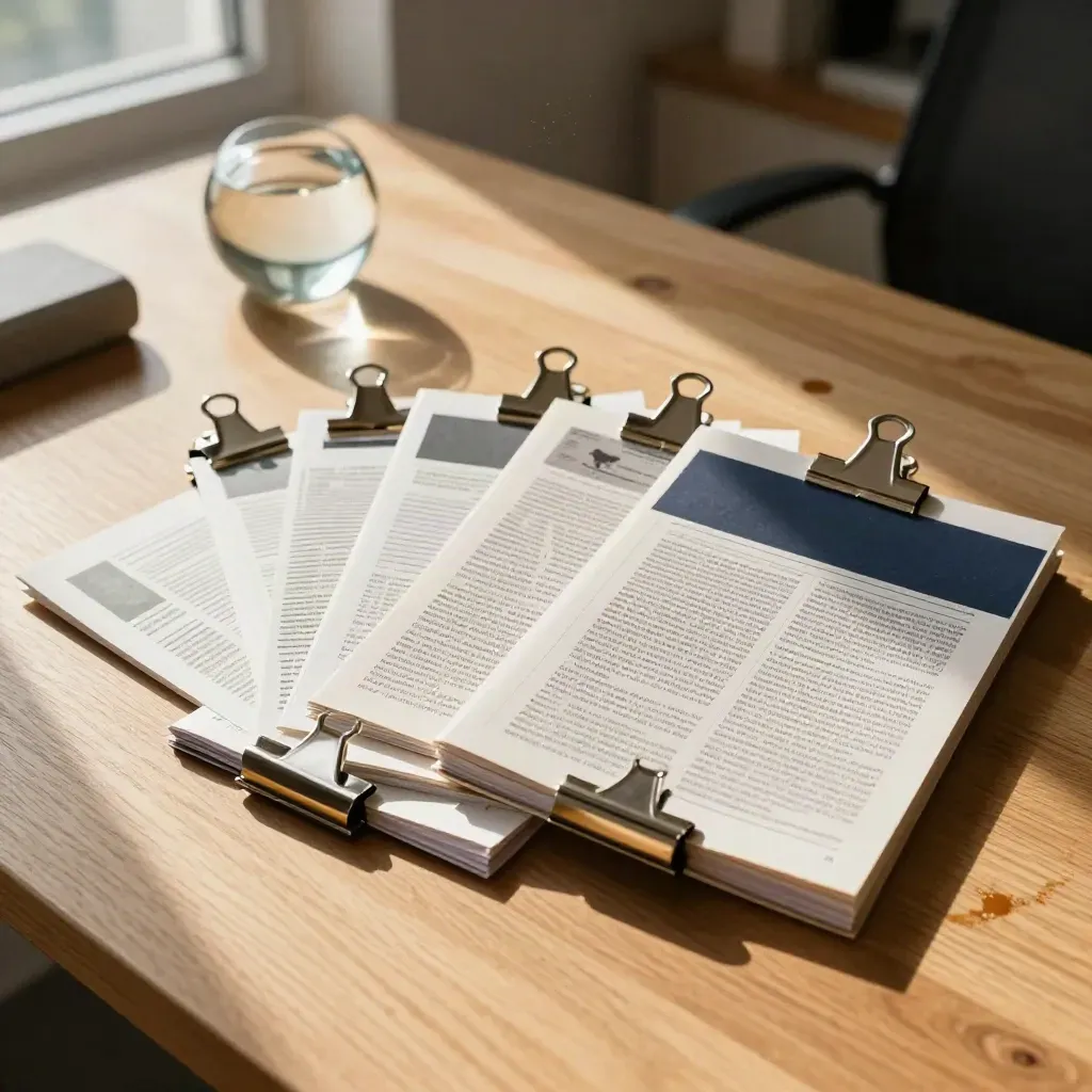 Zes geclipte factcheckbundels op een eiken tafel met koffievlek en papieren gewichten.