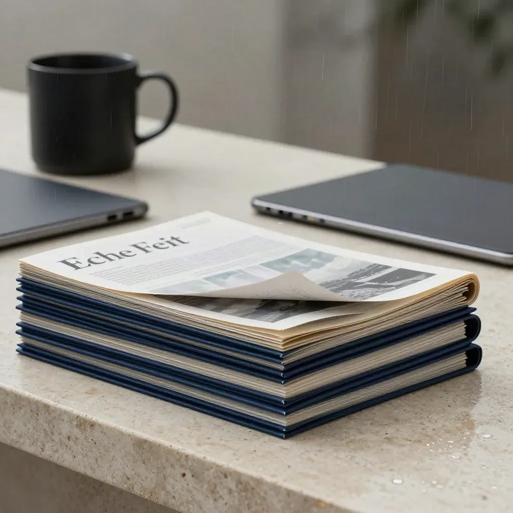 Donkere factcheck-still life met bronmappen, clippings, tablet en mok op natte steen.