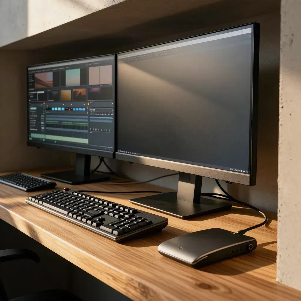 Donkere newsroom met monitors, omgedraaid toetsenbord en zachte monitorgloed.