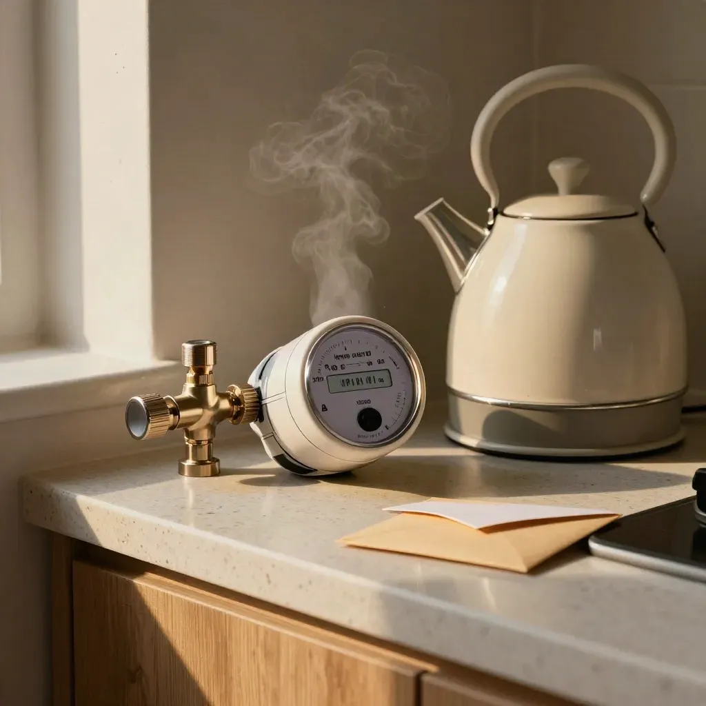 Slimme energiemeter naast radiatorkraan en waterkoker op travertijnen keukenblad.