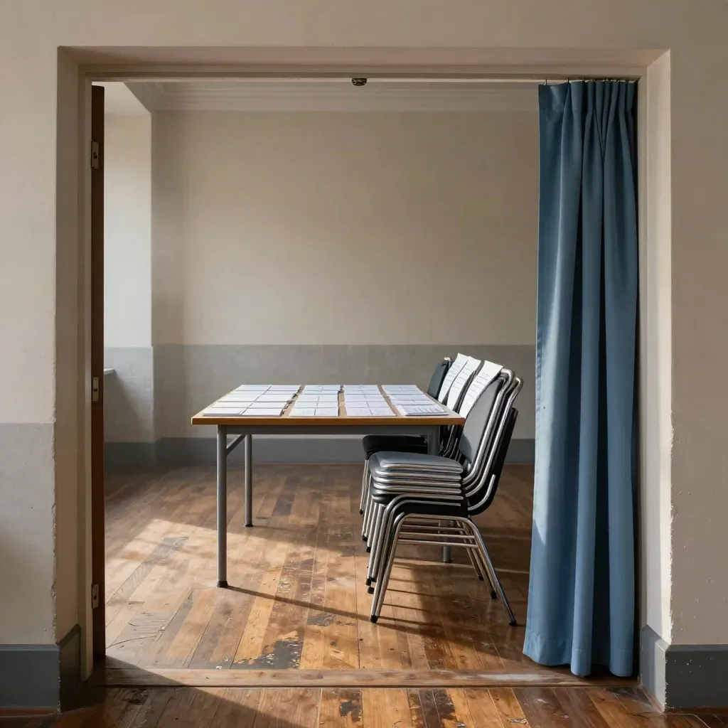 Lege stembureautafel met ballot sleeves, stoelen en blauw gordijn in ochtendmist.