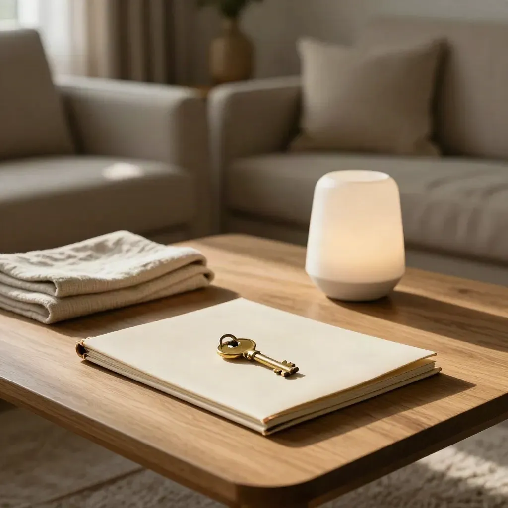 Sleutel, hypotheekmap en lamp op salontafel in warm avondlicht
