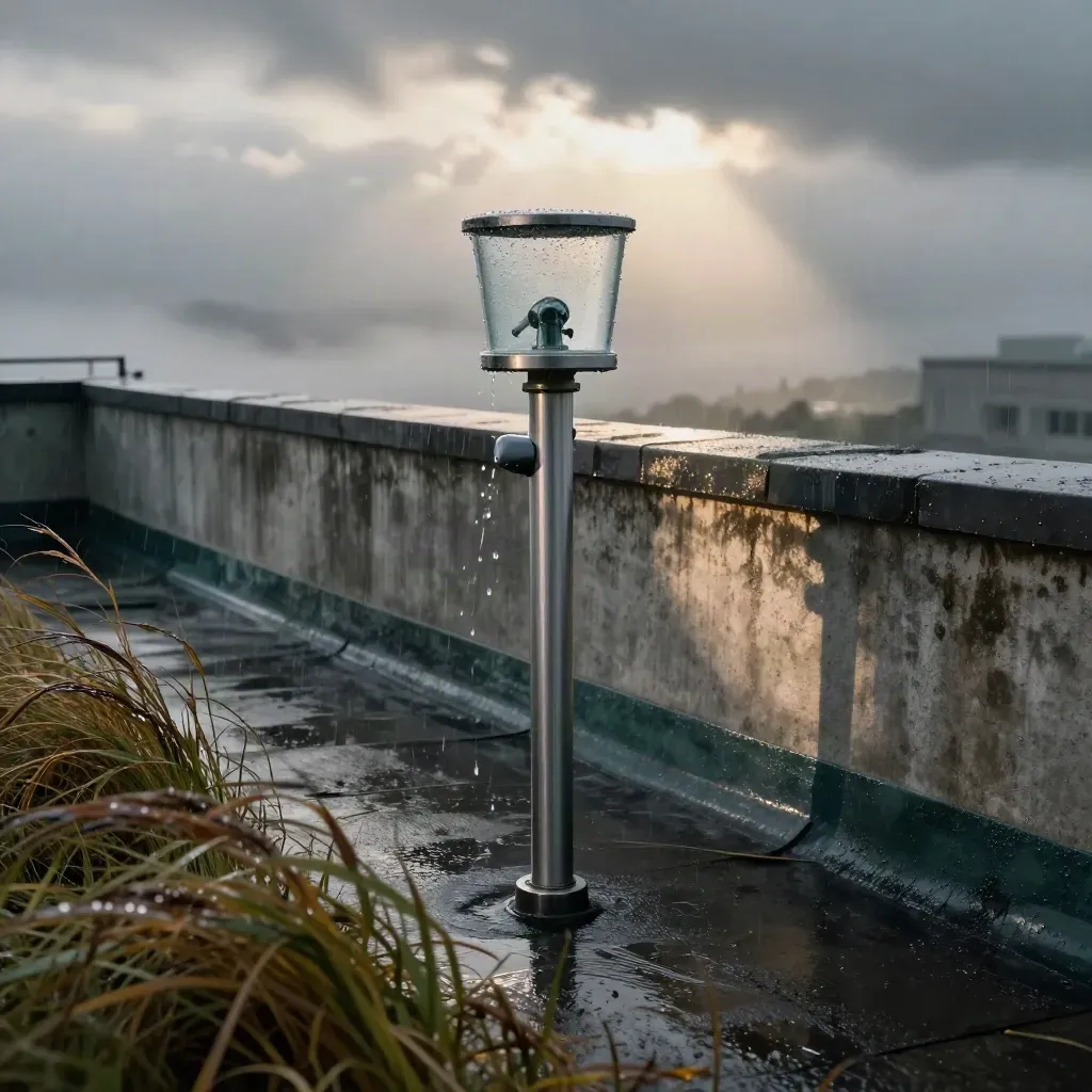 Regenmeter op een nat dak met wuivend gras en lage wolken boven de rand.