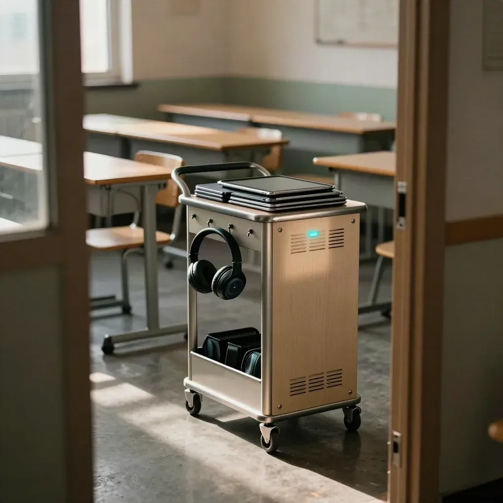 Lege klas met oplaadkar vol tablets en koptelefoons in warm namiddaglicht.
