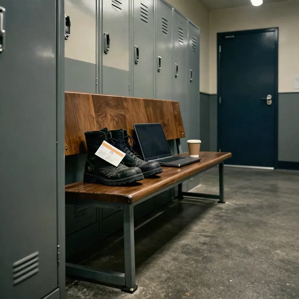 Lockerbank met loonstroken-envelop, werkschoenen, gesloten laptop en koffiebeker in koel filmisch licht.