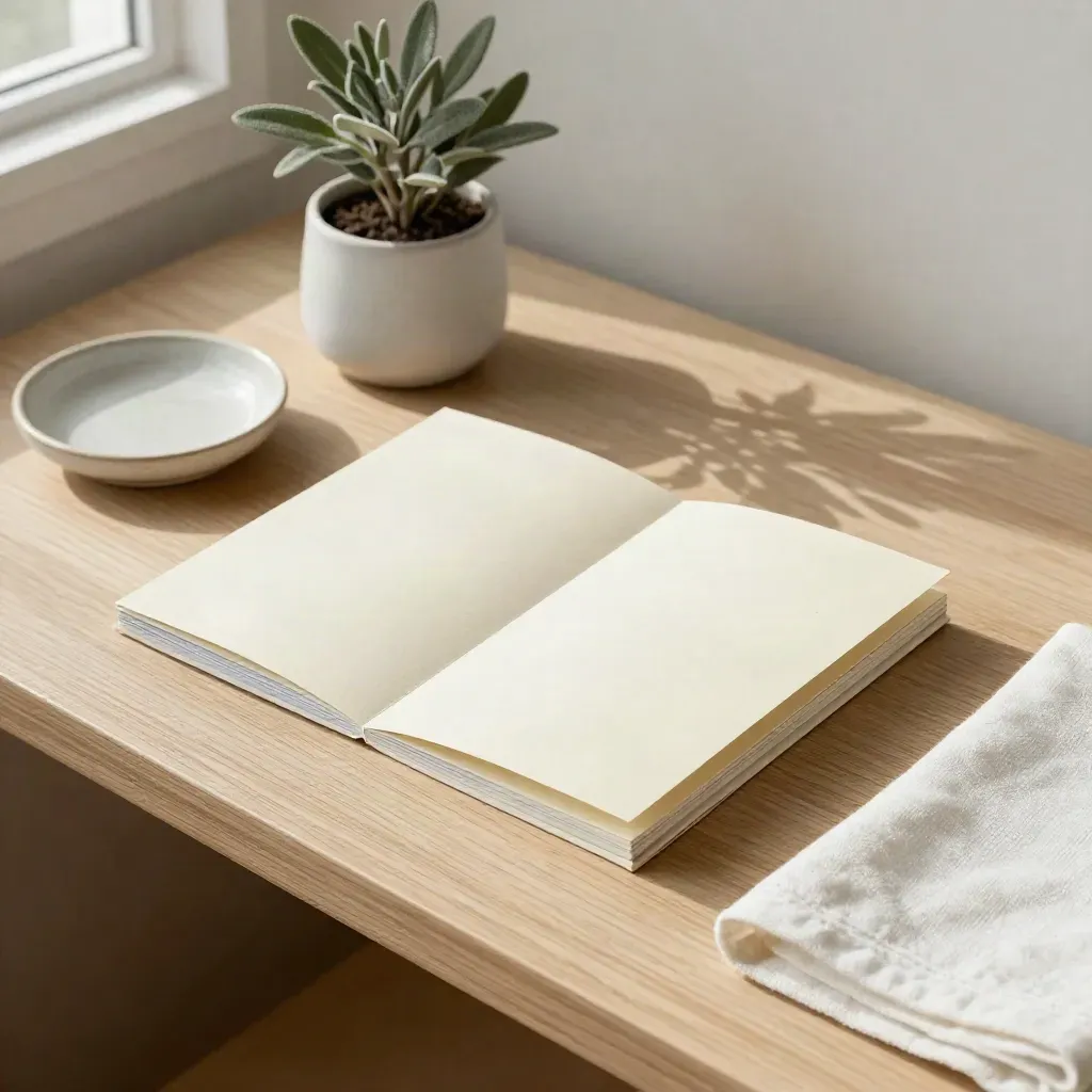 Bovenaanzicht van een gevouwen brochure, plantje en witte schaal op een eiken plank.