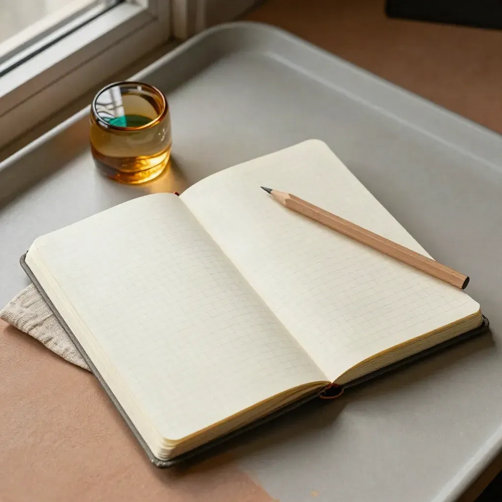 Bovenaanzicht van notitieboek, potlood en glazen paperweight op lichte houten tray.