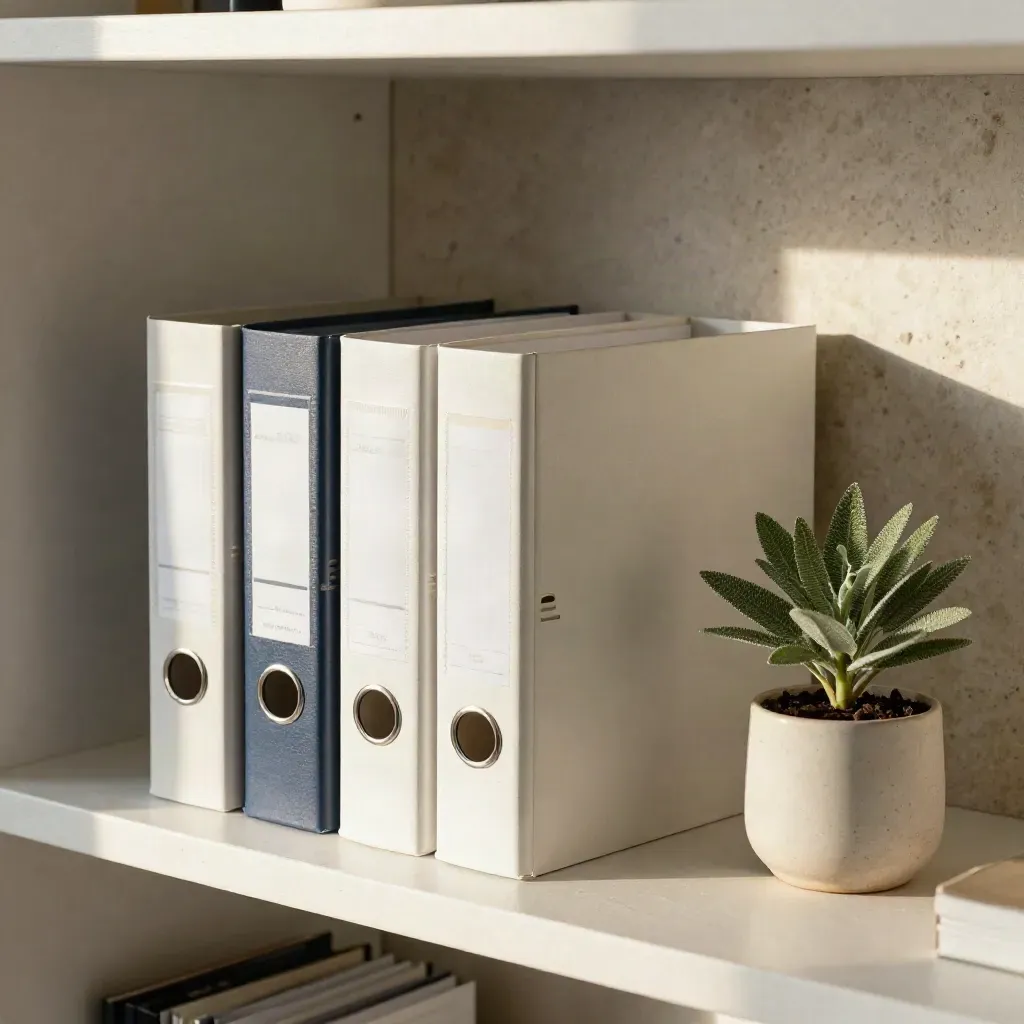 Map met folders, archiefdoos en plant op een lichte gepleisterde plank