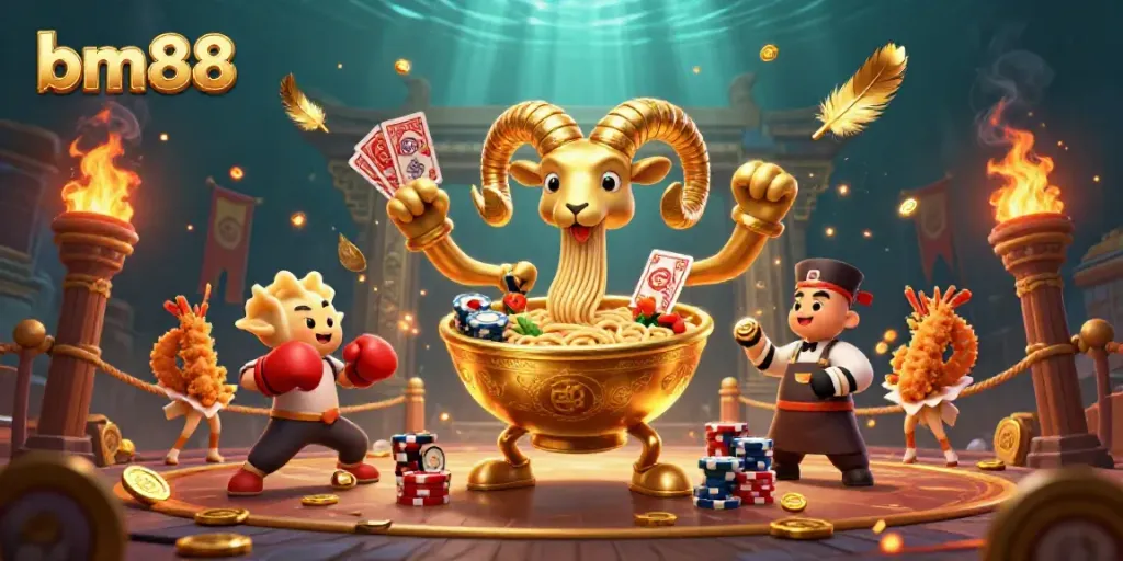 Engage with exciting games at bm88 casino, featuring a vibrant 3D cartoon scene with unique characters.