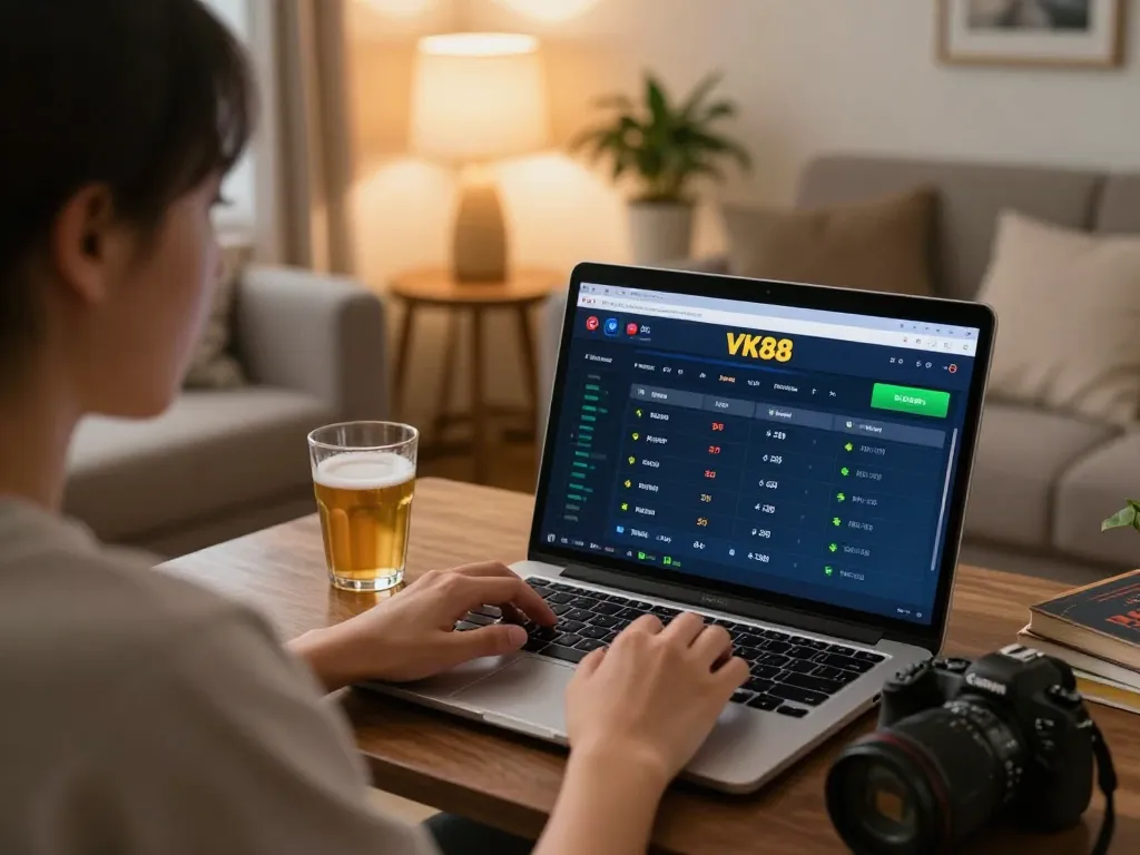 Engaging in online sports betting on VK88 with laptop and personal touches in cozy environment.
