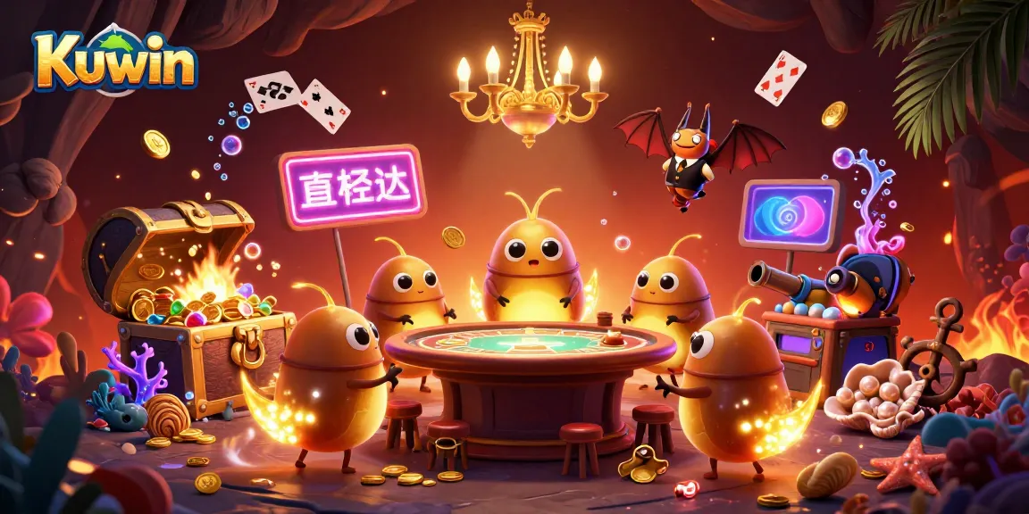 Kuwin engages players in a vibrant casino scene lit by glowworms and rich gaming elements.