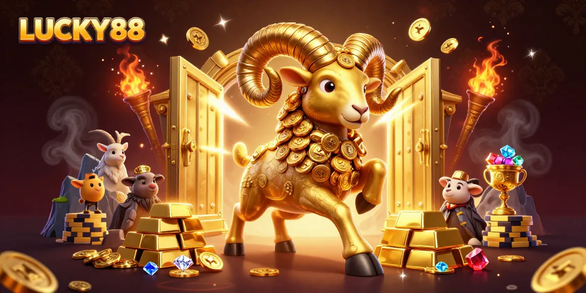 LUCKY88 slot-themed illustration showcasing a golden ram amidst treasures for vibrant gameplay.