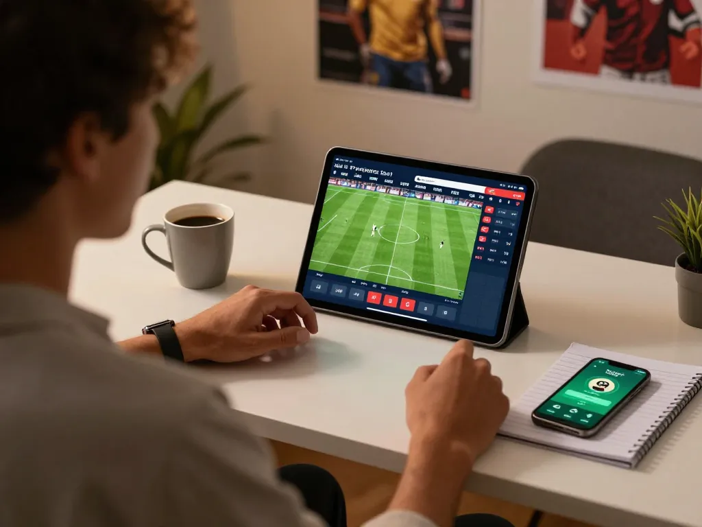 Engaging moment with a person using the 3win link for live sports betting on a tablet at home.