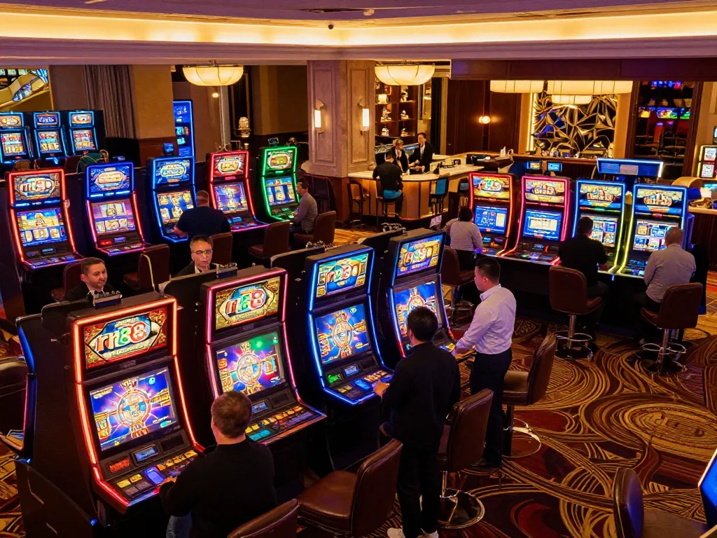 Players enjoy diverse games at rr88.center casino, filled with vibrant slot machines and luxury ambiance.