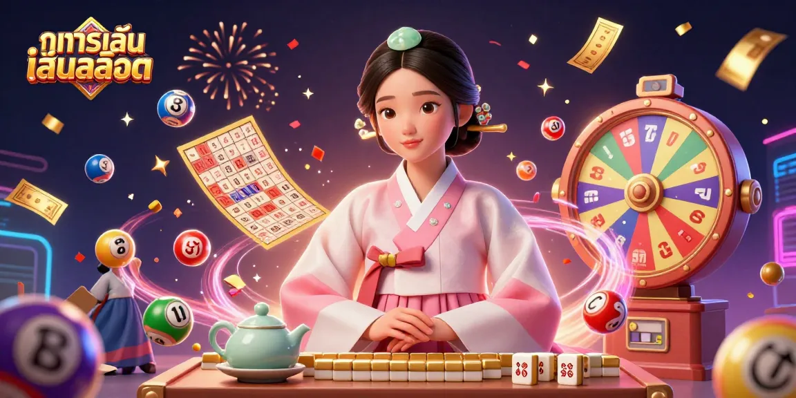 Experience the thrill of ทดลองเล่นสล็อต with colorful lottery elements and an elegant Asian woman at a digital casino.