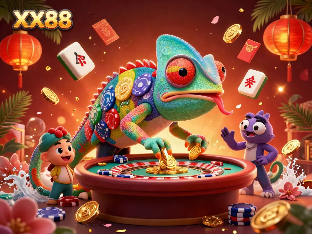 Engage with XX88's vibrant chameleon owner in a magical online casino illustration.
