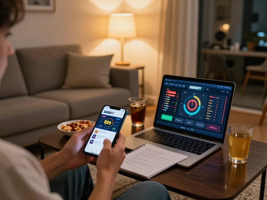 Engaging scene of a player enjoying online casino games at https://88bet.zone/ on their smartphone with a cozy atmosphere
