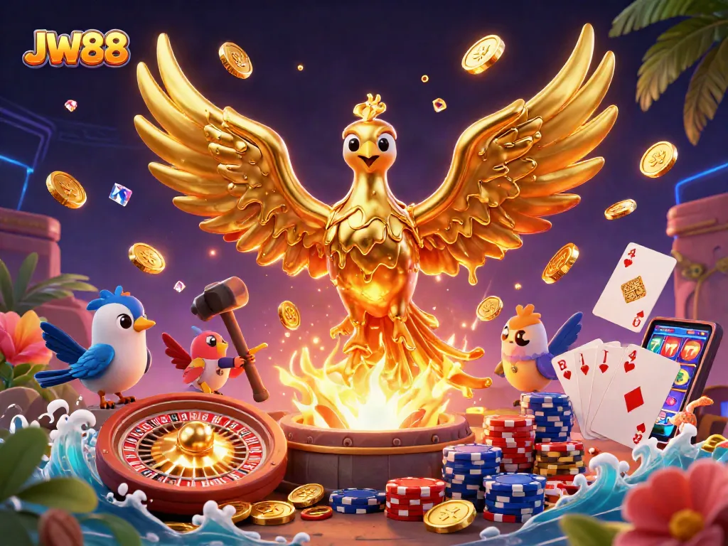 Spin and win at JW88 with a golden phoenix and dazzling casino elements in 3D!
