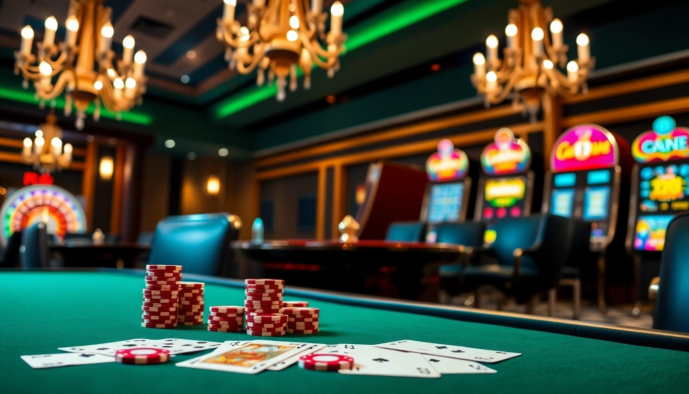 A dynamic poker game scene featuring colorful chips and cards at https://debet66.com/, capturing the excitement of gambling.