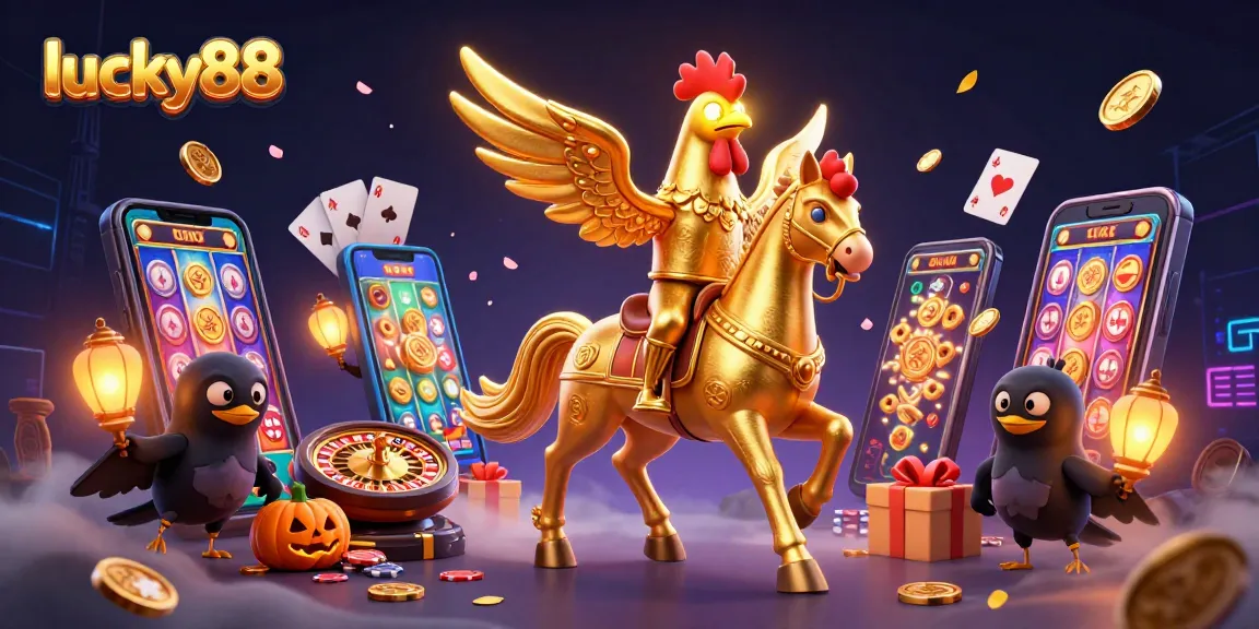 Engage in thrilling gaming with lucky88 in a midnight casino scene featuring golden rooster characters and slot games.