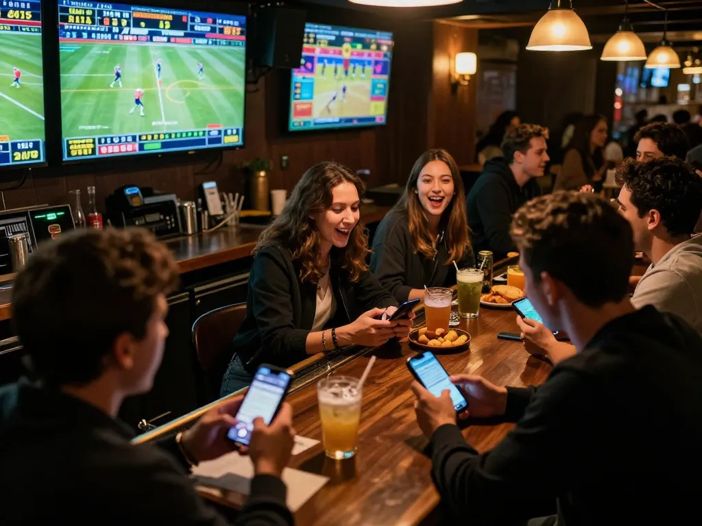 SV368 patrons intensely watching live sports while betting on their smartphones at an upscale bar.