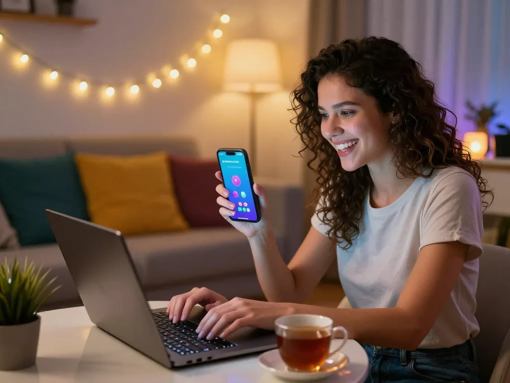 Engaging sex chat scene with users connecting via devices in a cozy atmosphere.