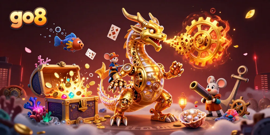 Participate in thrilling play with go8's vibrant 3D gaming experience, highlighted by a golden dragon and treasures.