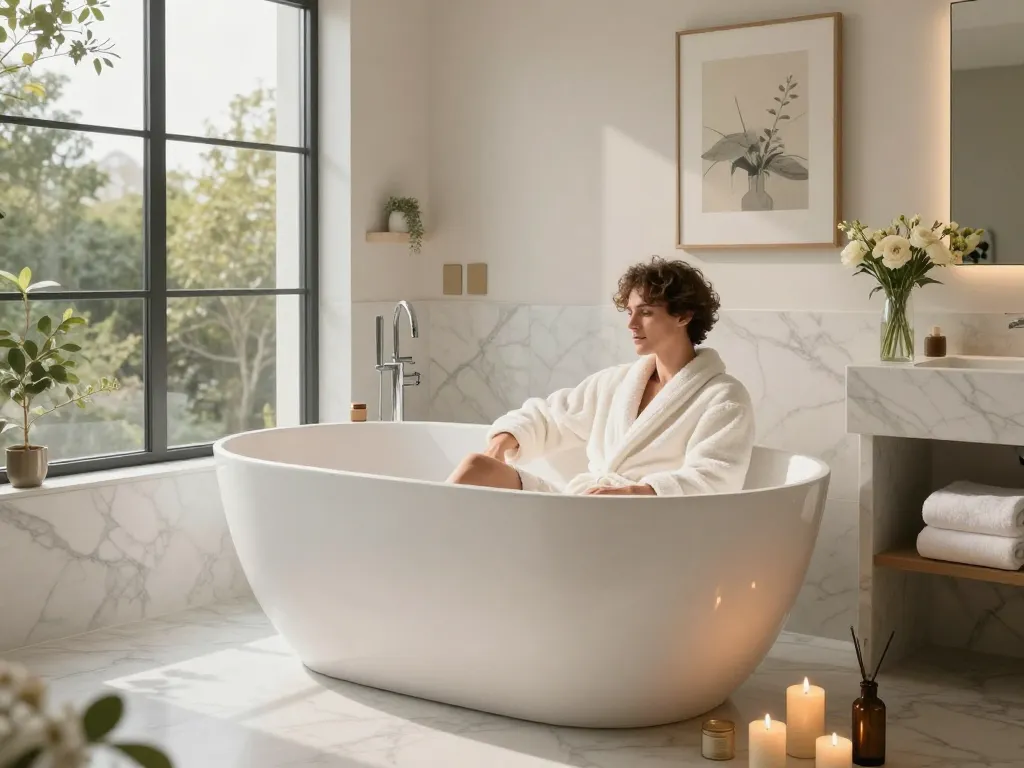 Ontspannen in een luxueus zitbad van https://vixxbadkamers.nl/baden/zitbaden, omringd door kaarsen en bloemen in een moderne badkamer.