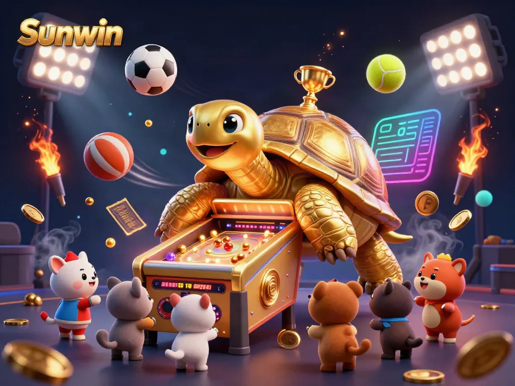 Engage in thrilling gameplay at Sunwin with a vibrant 3D scene showcasing a colossal tortoise pinball machine and animated sports elements.
