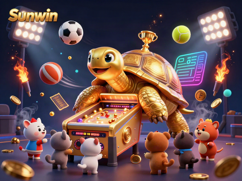 Engage in thrilling gameplay at Sunwin with a vibrant 3D scene showcasing a colossal tortoise pinball machine and animated sports elements.