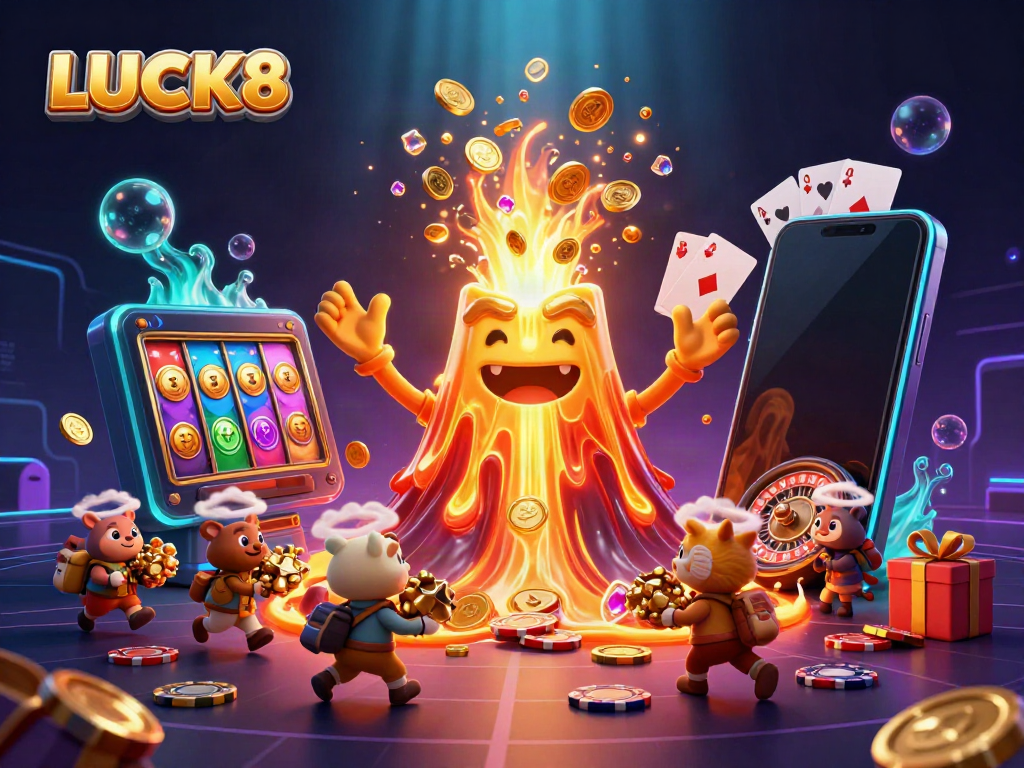 LUCK8 captures the excitement of online casino gaming with a golden volcano erupting treasure.
