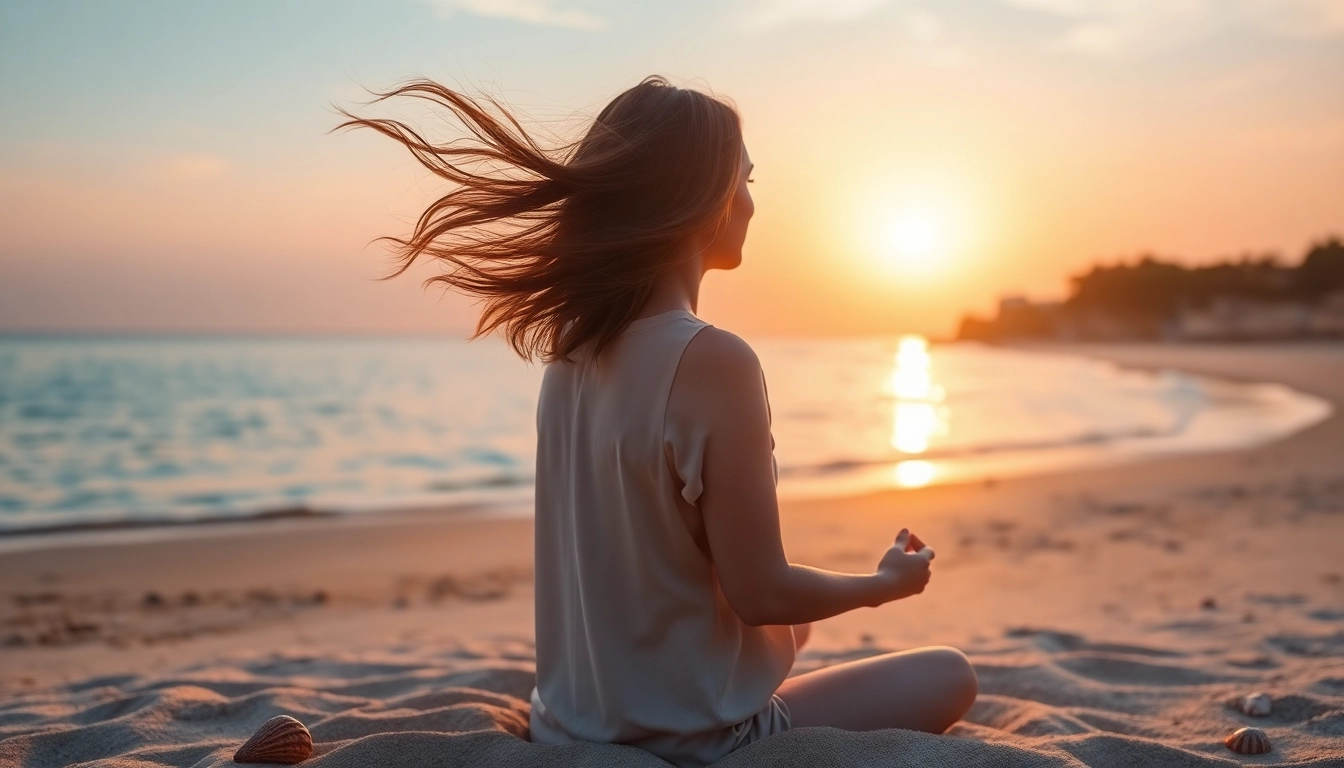 Practice mental health tips through meditation on a serene beach as the sun sets.