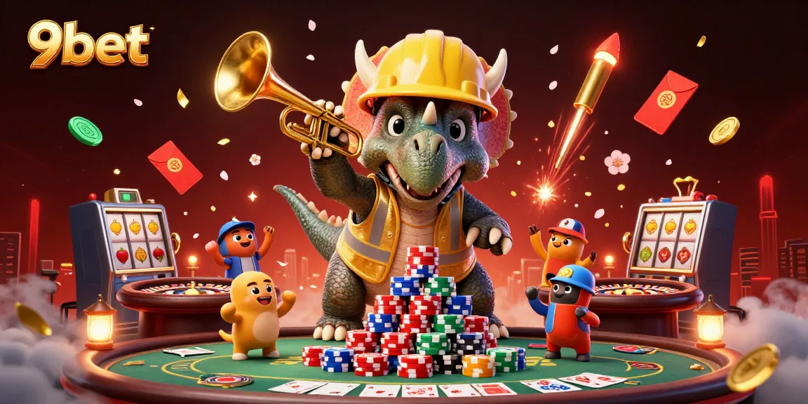 9bet gaming scene showcases triceratops and parasaurolophus celebrating amidst a vibrant casino atmosphere.