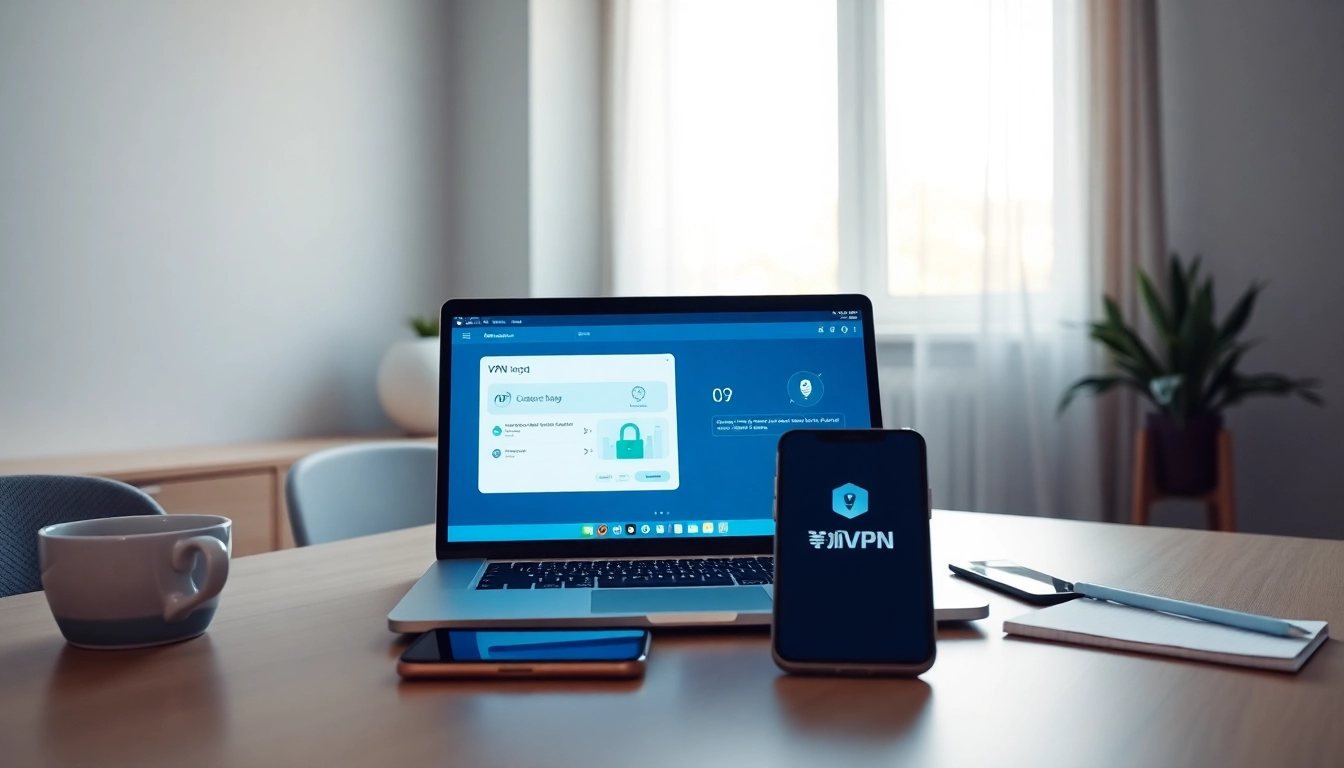 现代工作空间中笔记本与智能手机上的快连下载 VPN 界面